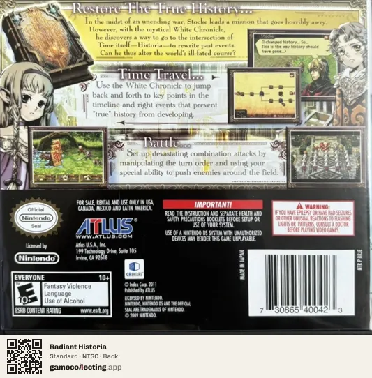 Radiant Historia Nintendo DS, NTSC box back