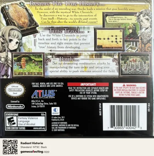 Radiant Historia Nintendo DS, NTSC box back