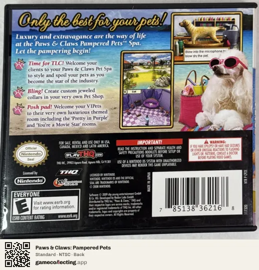 Paws & Claws: Pampered Pets Nintendo DS, NTSC box back