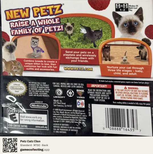 Petz Catz Clan Nintendo DS, NTSC box back