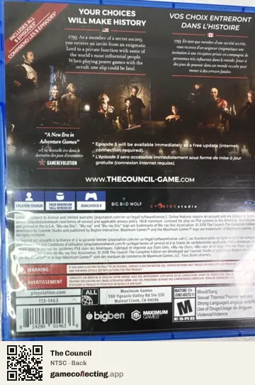 The Council PlayStation 4, NTSC box back