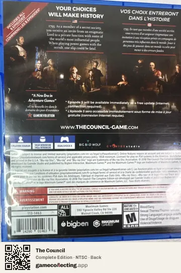 The Council PlayStation 4, NTSC box back