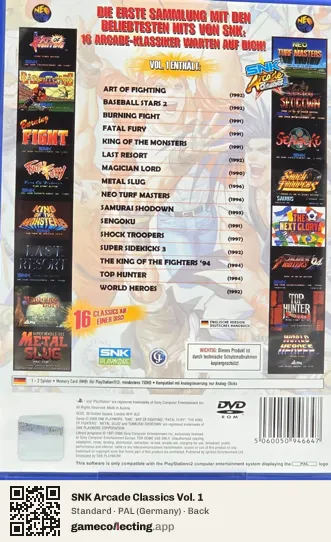 SNK Arcade Classics Vol. 1 PlayStation 2, Germany box back