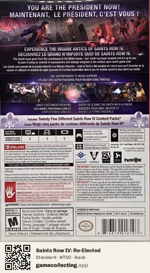 Saints Row IV: Re-Elected Nintendo Switch, NTSC box back