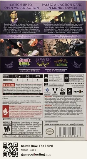 Saints Row: The Third Nintendo Switch, NTSC box back