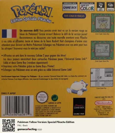 Pokémon Yellow Version: Special Pikachu Edition Game Boy, PAL box back