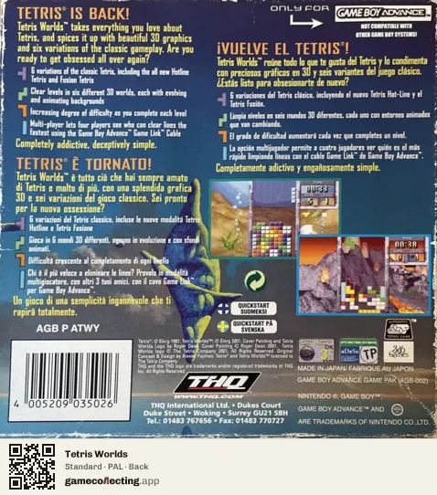 Tetris Worlds Game Boy Advance, PAL box back