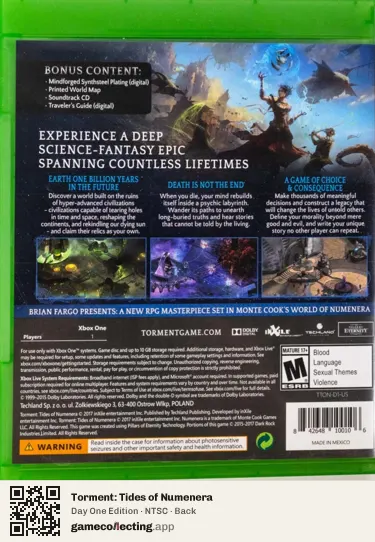 Torment: Tides of Numenera Xbox One, NTSC box back