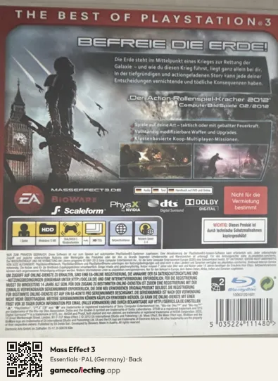 Mass Effect 3 PlayStation 3, Germany box back