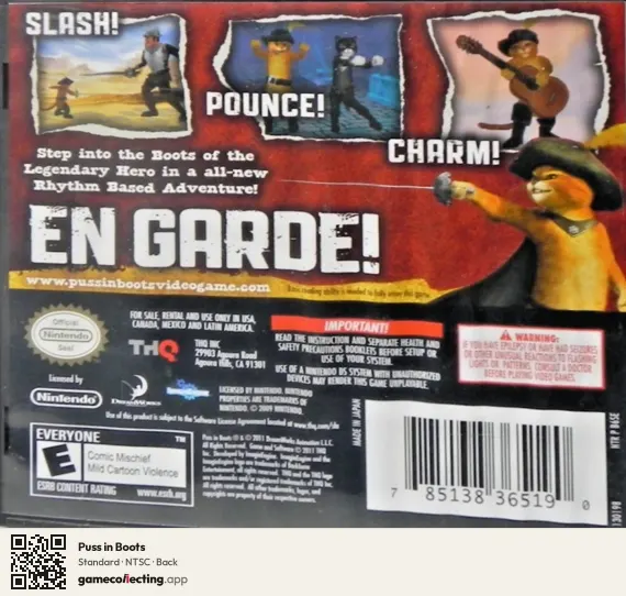 Puss in Boots Nintendo DS, NTSC box back