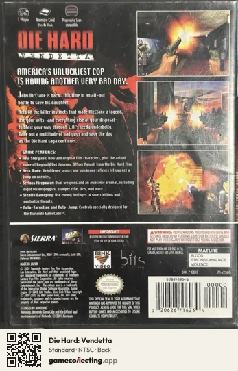 Die Hard: Vendetta Nintendo GameCube, NTSC box back