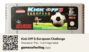 Kick Off 3: European Challenge Super Nintendo Entertainment System, PAL cartridge label