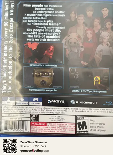 Zero Time Dilemma PlayStation 4, NTSC box back