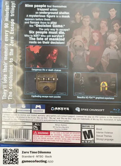 Zero Time Dilemma PlayStation 4, NTSC box back