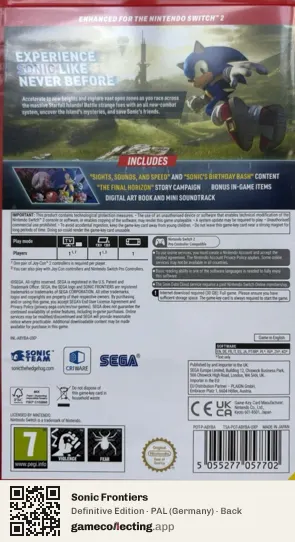 Sonic Frontiers Nintendo Switch 2, Germany box back