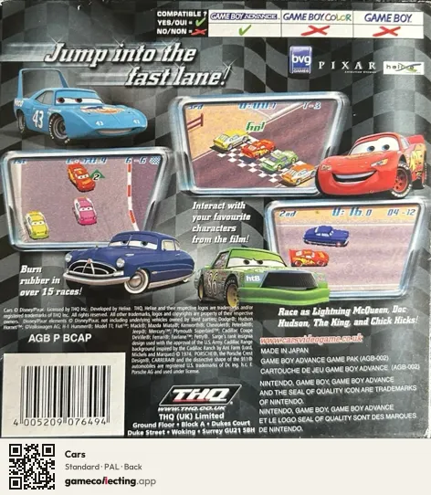 Cars Game Boy Advance, PAL box back