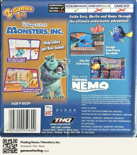 Finding Nemo / Monsters, Inc. Game Boy Advance, PAL box back