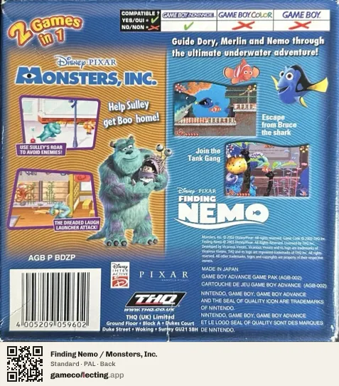 Finding Nemo / Monsters, Inc. Game Boy Advance, PAL box back