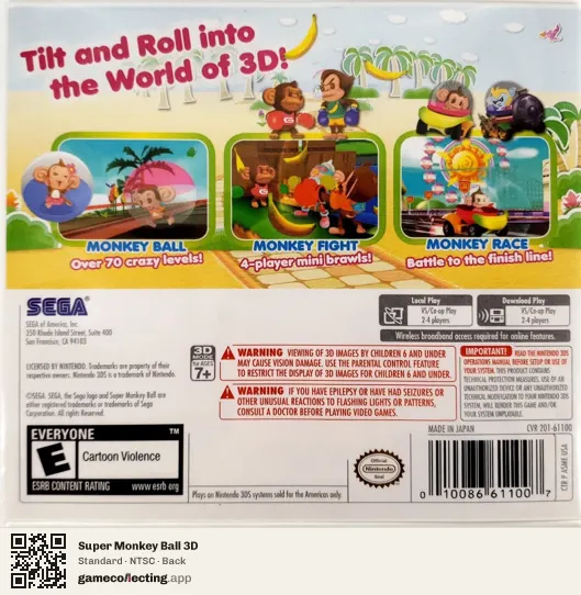 Super Monkey Ball 3D Nintendo 3DS, NTSC box back