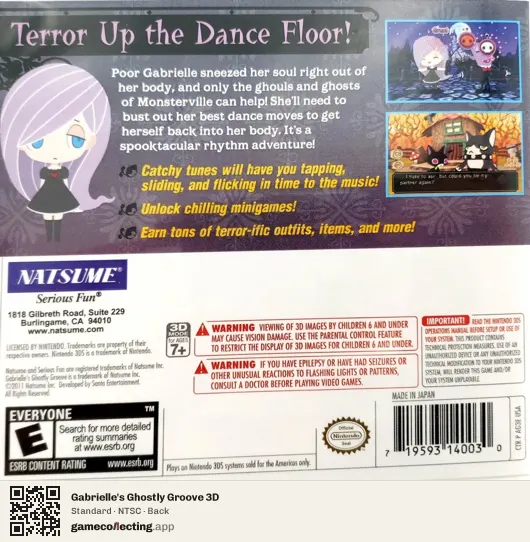 Gabrielle's Ghostly Groove 3D Nintendo 3DS, NTSC box back