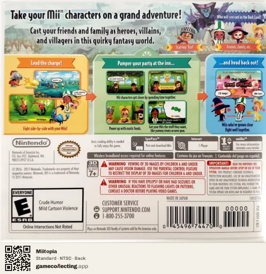 Miitopia Nintendo 3DS, NTSC box back