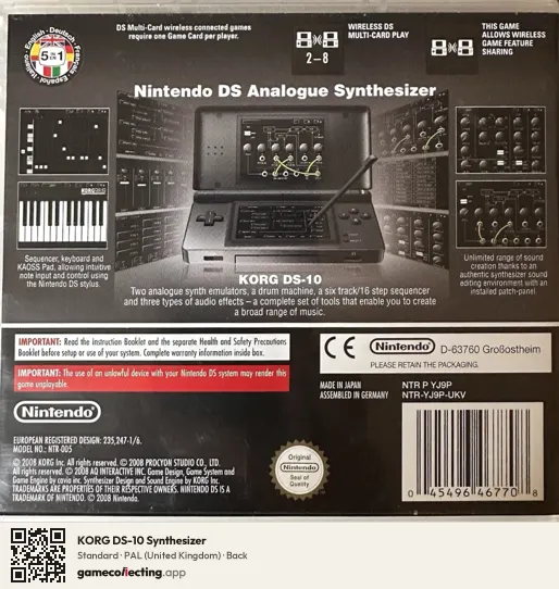 KORG DS-10 Synthesizer Nintendo DS, United Kingdom box back