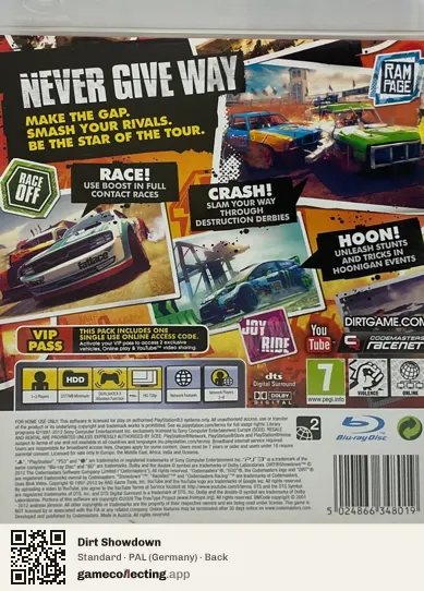 Dirt Showdown PlayStation 3, Germany box back