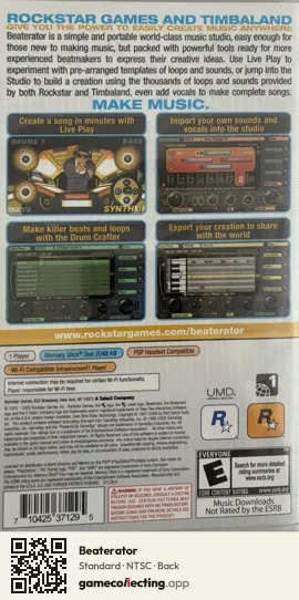 Beaterator PlayStation Portable, NTSC box back