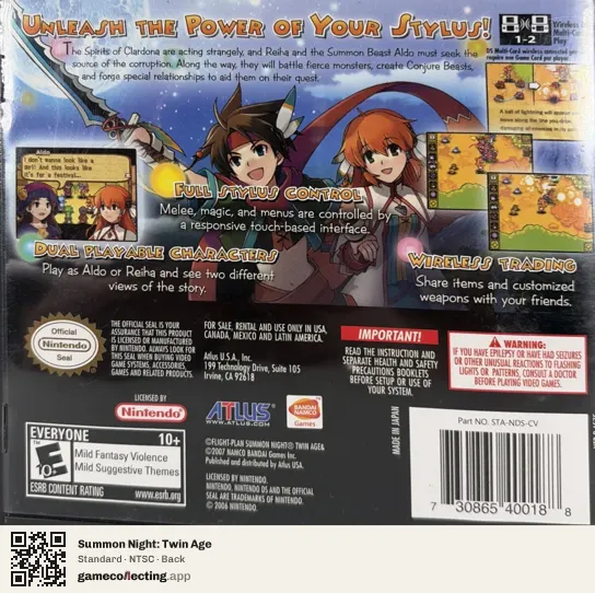 Summon Night: Twin Age Nintendo DS, NTSC box back