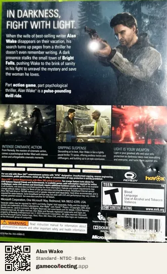 Alan Wake Xbox 360, NTSC box back