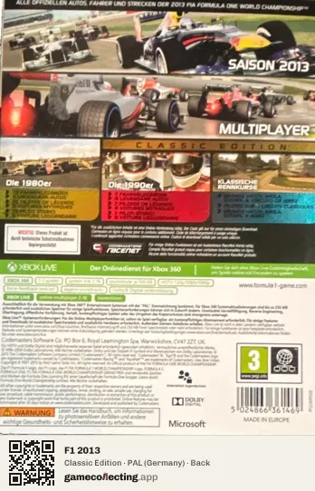 F1 2013 Xbox 360, Germany box back