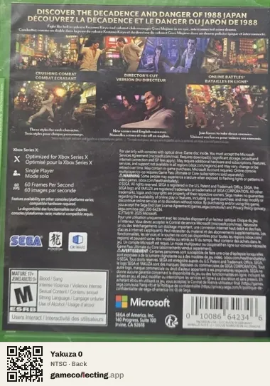 Yakuza 0 Xbox Series X, NTSC box back