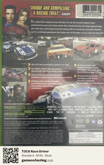 TOCA Race Driver Xbox, NTSC box back