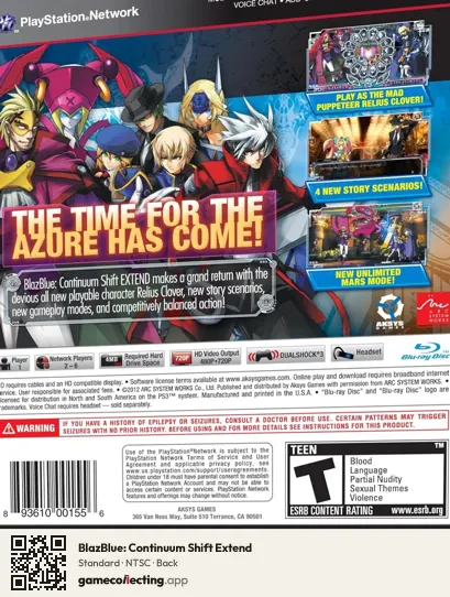 BlazBlue: Continuum Shift Extend PlayStation 3, NTSC box back