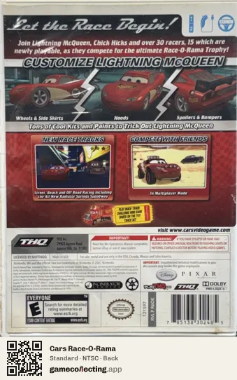 Cars Race-O-Rama Nintendo Wii, NTSC box back