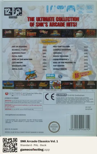 SNK Arcade Classics Vol. 1 Nintendo Wii, PAL box back