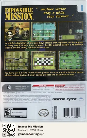 Impossible Mission Nintendo Wii, NTSC box back