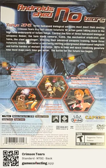 Crimson Tears PlayStation 2, NTSC box back