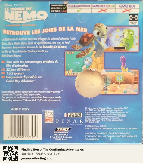 Finding Nemo: The Continuing Adventures Game Boy Advance, France box back