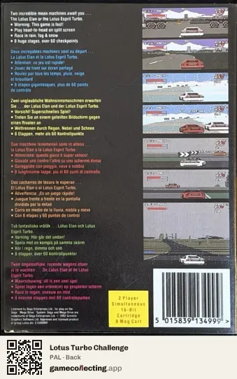 Lotus Turbo Challenge Sega Mega Drive / Genesis, PAL box back