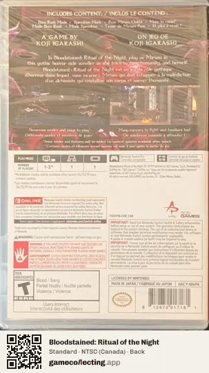 Bloodstained: Ritual of the Night Nintendo Switch, Canada box back