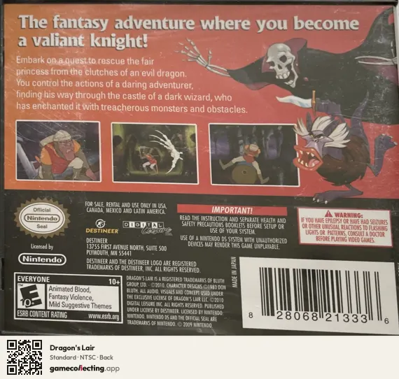 Dragon's Lair Nintendo DS, NTSC box back