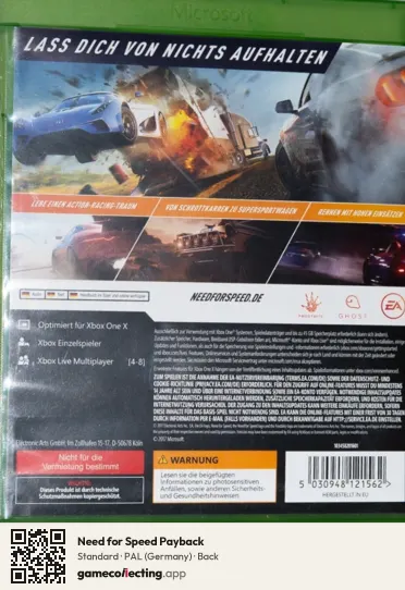 Need for Speed Payback Xbox One, Germany box back