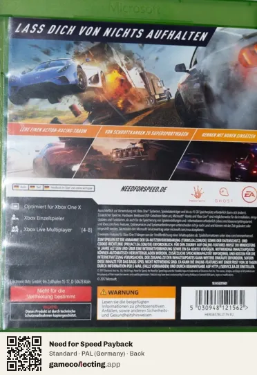 Need for Speed Payback Xbox One, Germany box back