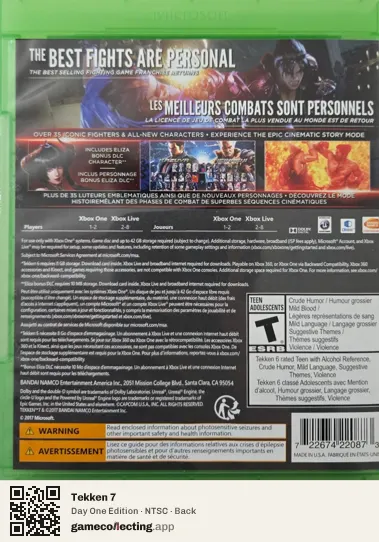 Tekken 7 Xbox One, NTSC box back