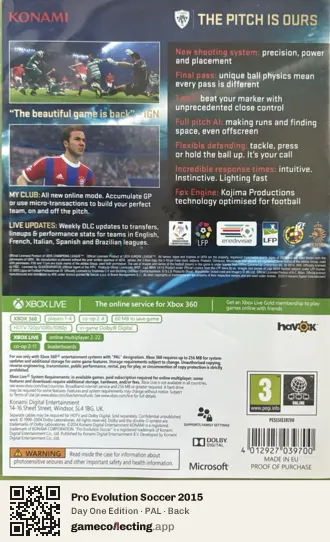 Pro Evolution Soccer 2015 Xbox 360, PAL box back