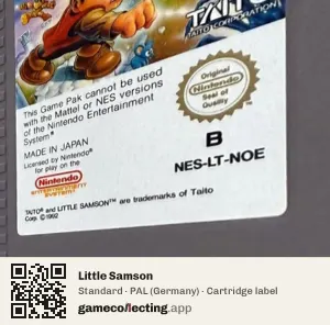 Little Samson Nintendo Entertainment System, PAL cartridge label