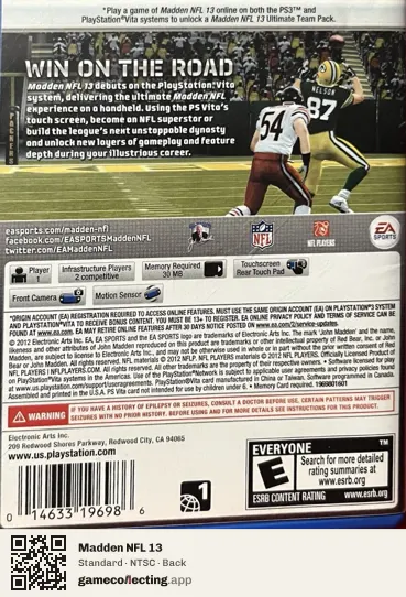 Madden NFL 13 PlayStation Vita, NTSC box back
