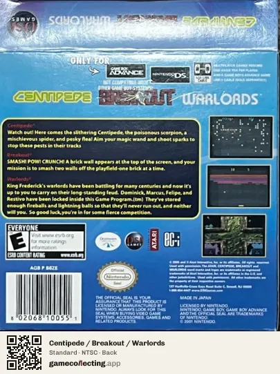 Centipede / Breakout / Warlords Game Boy Advance, NTSC box back