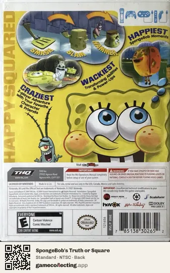 SpongeBob's Truth or Square Nintendo Wii, NTSC box back